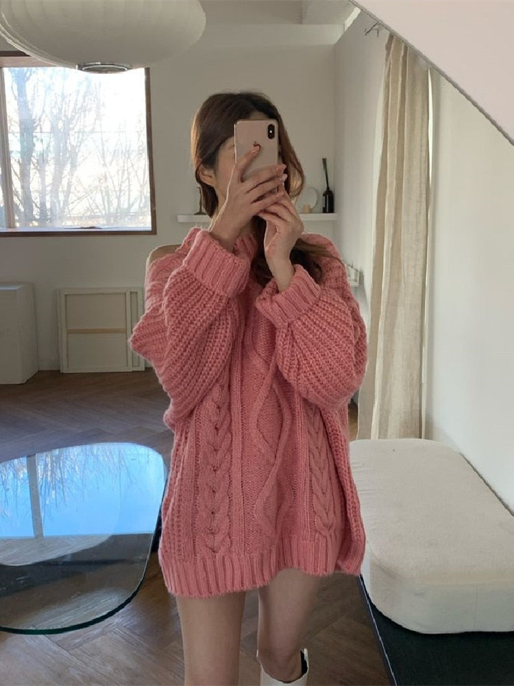 [Korean Style] Off the Shoulder One Piece Sweater Knit Dress