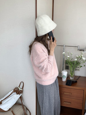 [Korean Style] Solid Color V-Neck Loose Fit Fluffy Pullover Sweater