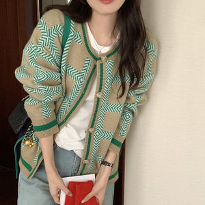 [Korean Style]  Contrast Color Pattern Knitted Cardigan