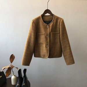 [Korean Style] Cotton Quilted Collarless Cropped Tweed Jacket