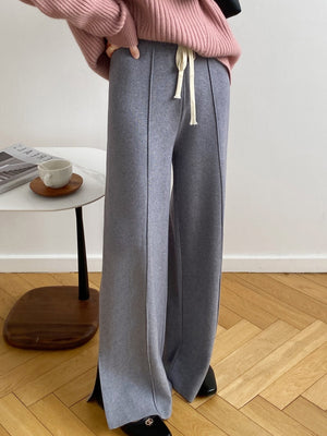 [Korean Style] 4 Color Drawstring Side Slit Full length Wide Leg Knit Pants