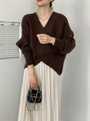 [Korean Style] V Neck Crisscross Sweater Knit Top