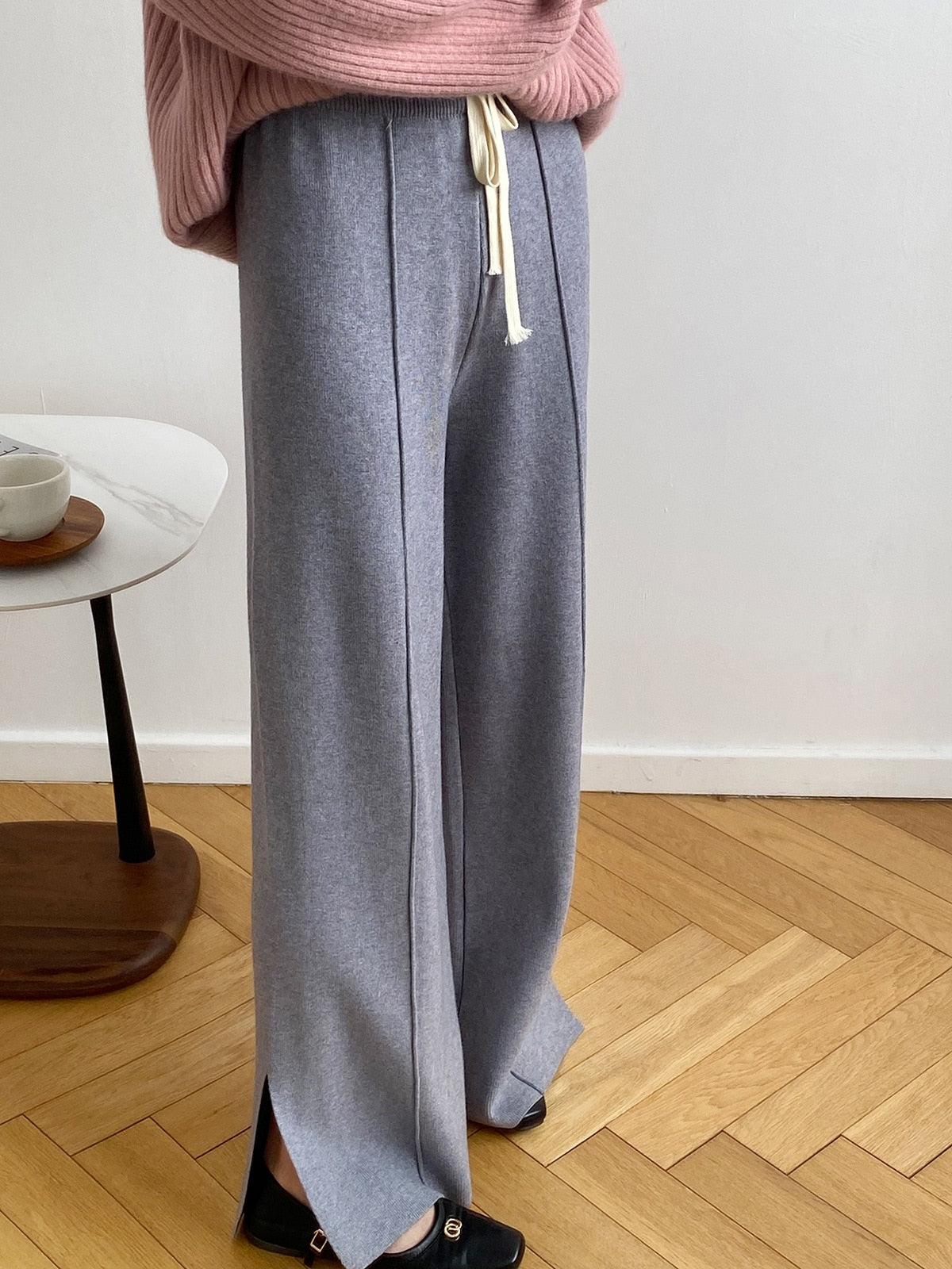 [Korean Style] 4 Color Drawstring Side Slit Full length Wide Leg Knit Pants