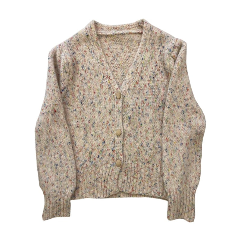 [Korean Style] Mixed Color Yarn V-neck Puff Sleeve Short Cardigan Sweater