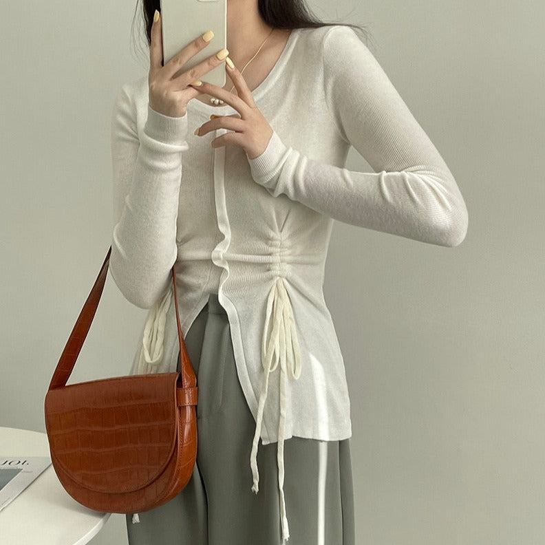 [Korean Style] Scoop Neck Drawstring Long Sleeve Knit Top