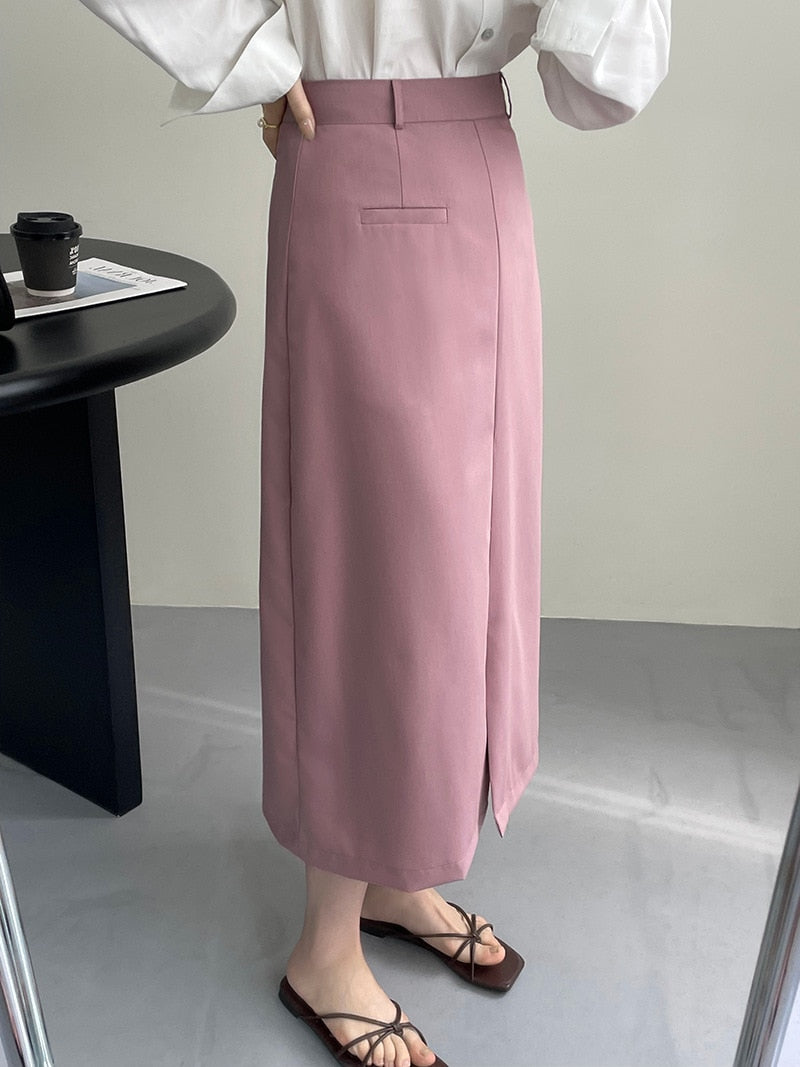 [Korean Style] Grey Pink High Waist Midi Length Straight Pencil Skirt