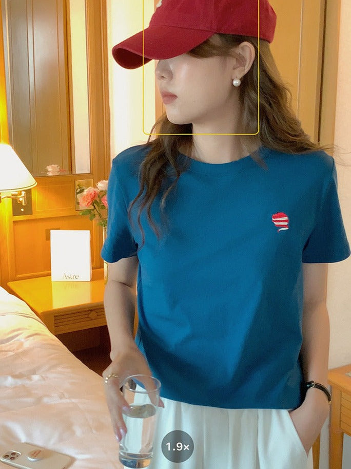 [Korean Style] 7 Colors Crew Neck Short Sleeve Embroidery T-Shirt