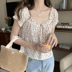 [Korean Style] Chic Floral Print Short Sleeve Button-down Blouse