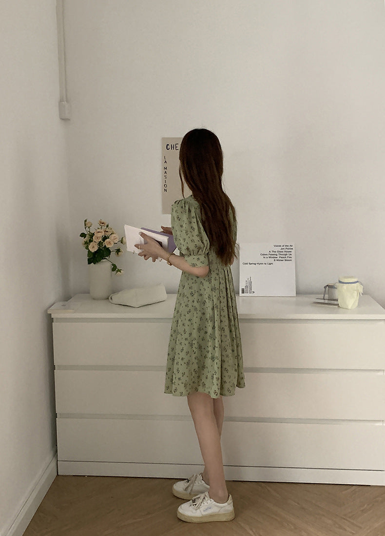 [Korean Style] Puff Sleeve Floral Pleated One Piece Mini Dress