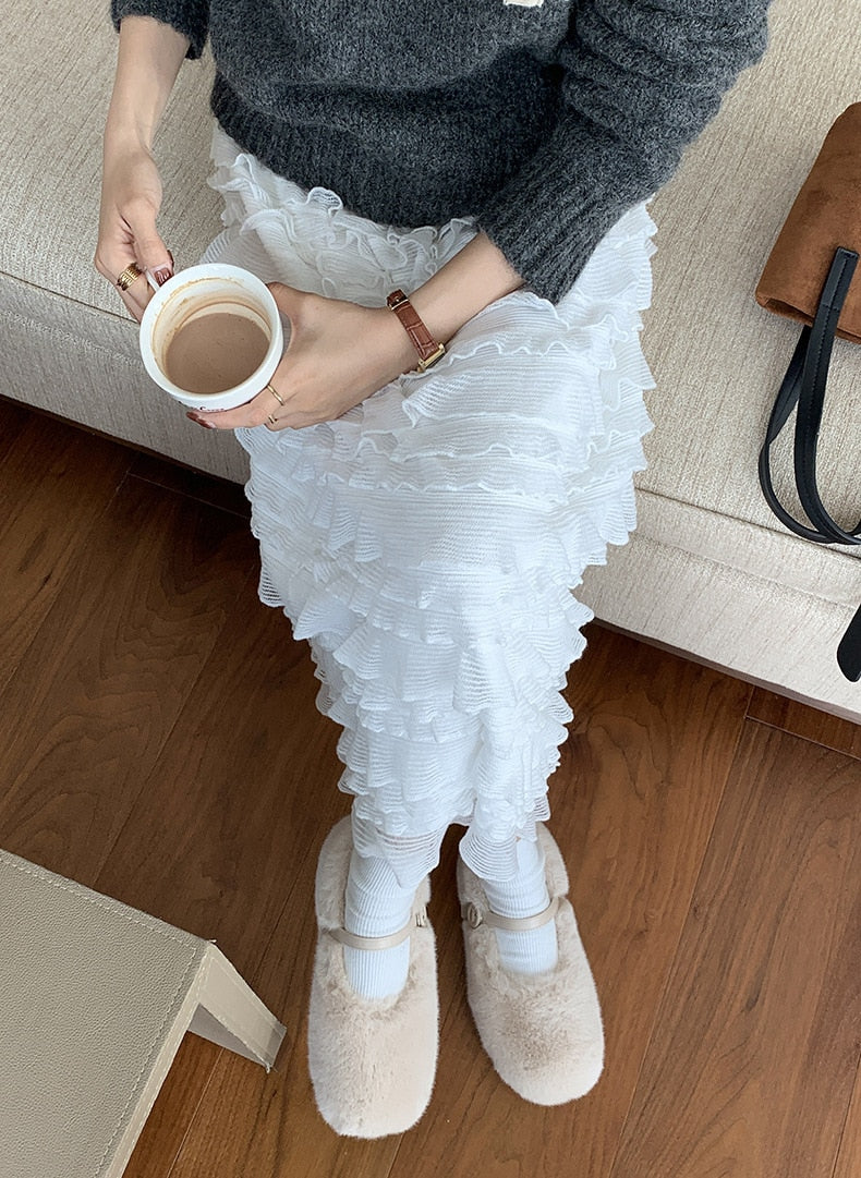 [Korean Style] High Waist  White Tulle Tiered Long Skirt