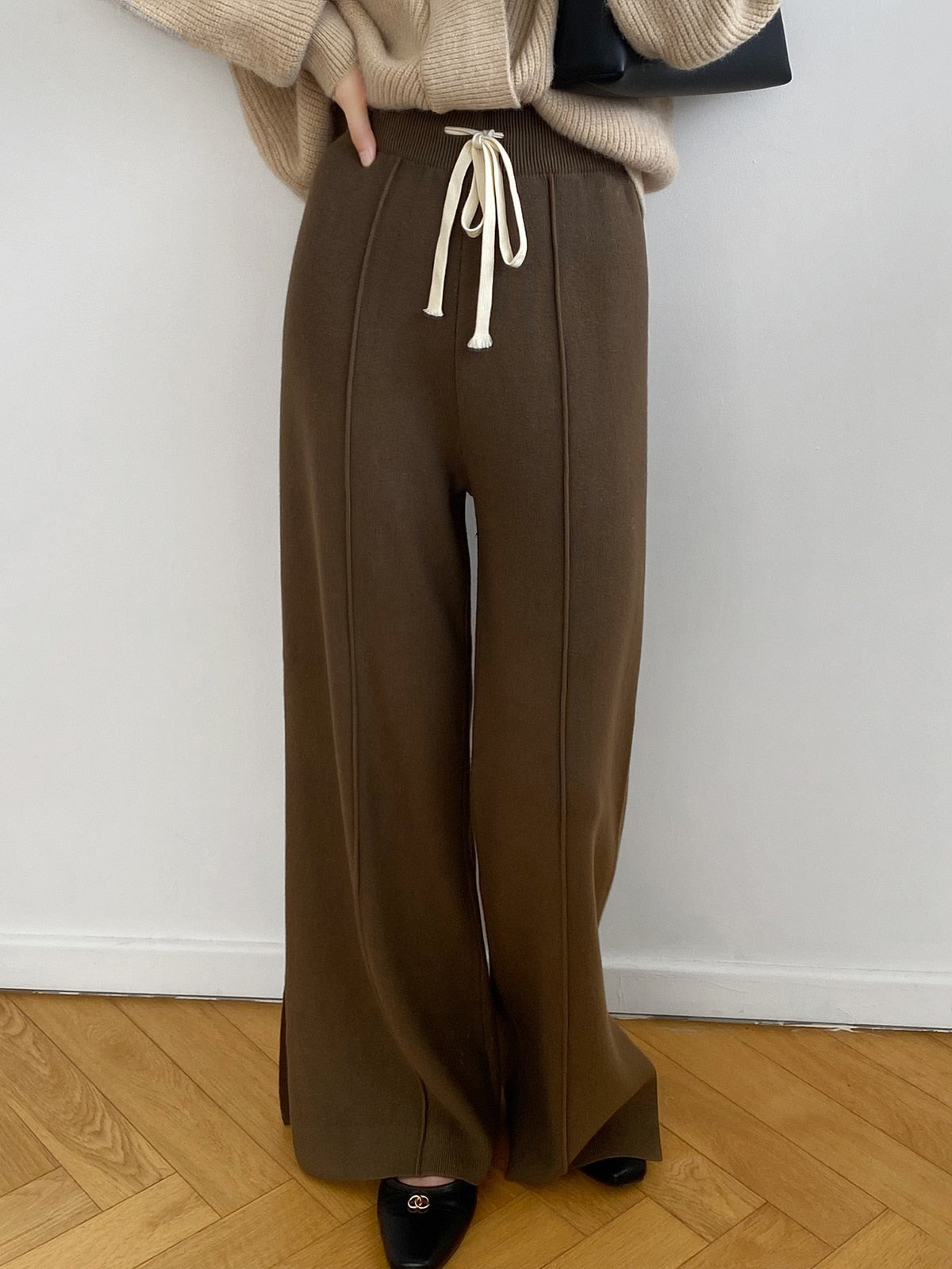 [Korean Style] 4 Color Drawstring Side Slit Full length Wide Leg Knit Pants