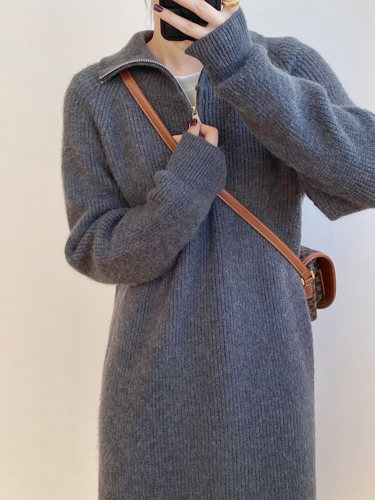 [Korean Style] 4 Color Zipper Collared Sweater Long Knit Dress