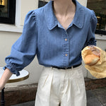 [Korean Style] Chic Rounded Collar Puff Sleeve Denim Shirts