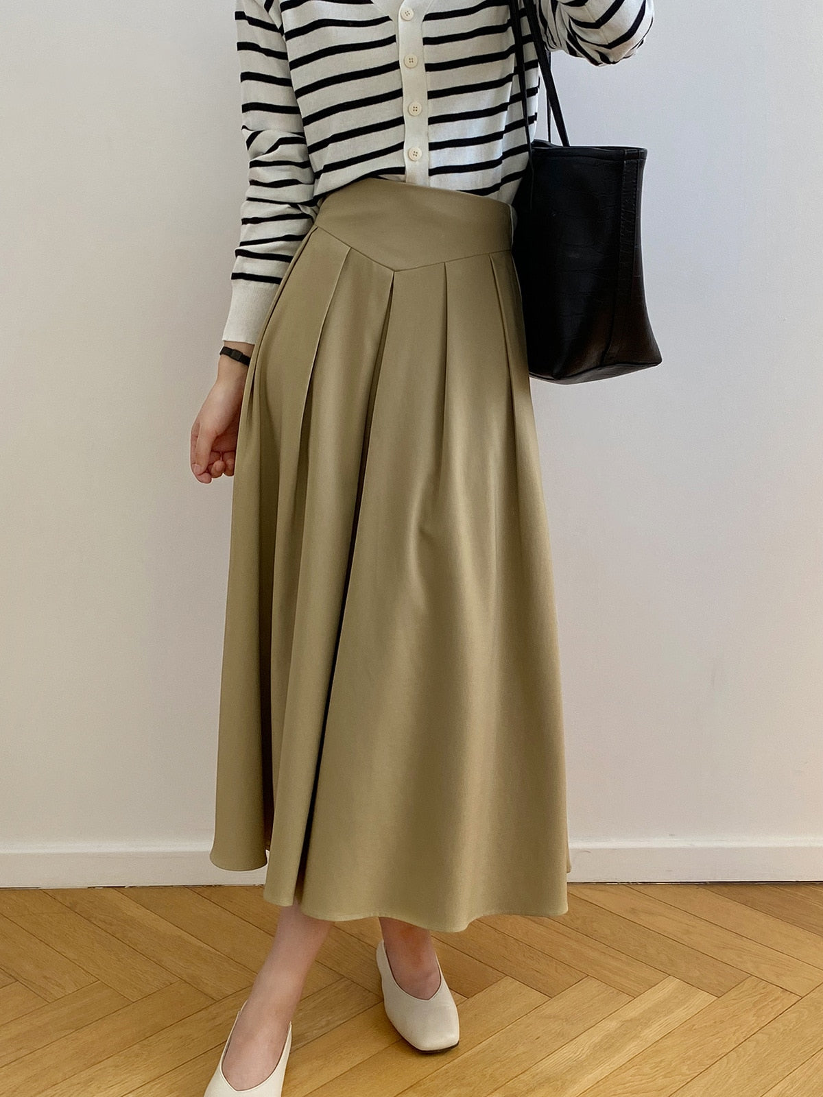 [Korean Style] French Style High Waist Pleated A-line Skirt