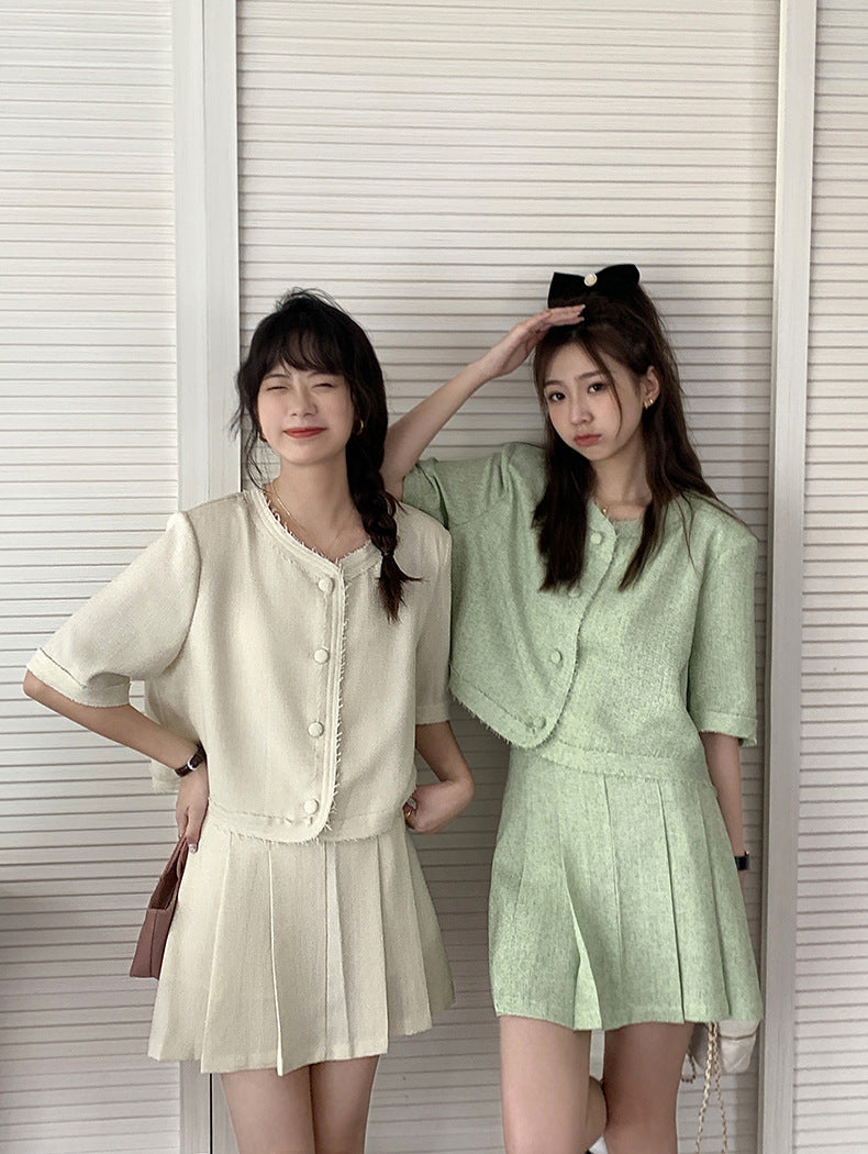 [Korean Style] Co-ord Collarless Short Sleeve Tweed Jacket Pleated Skirt 2 pc Set