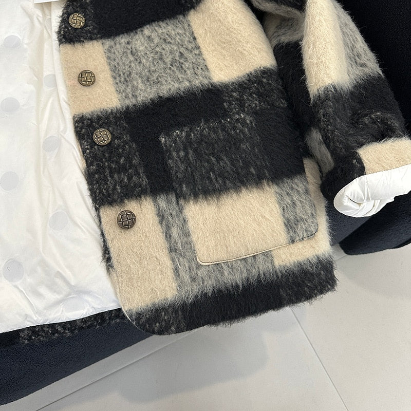 [Korean Style] Quilted Collarless Check Short Coat with Pockets