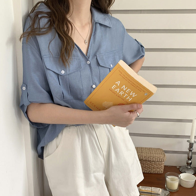 [Korean Style] V-neckline Pocket Button Down Casual Shirts