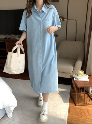[Korean Style] Light Blue Denim Short Sleeve Button-down Shirt Dress