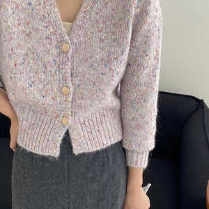 [Korean Style] Mixed Color Yarn V-neck Puff Sleeve Short Cardigan Sweater