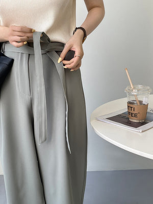[Korean Style] Minimalistic Solid Color Pleated Belted Trouser
