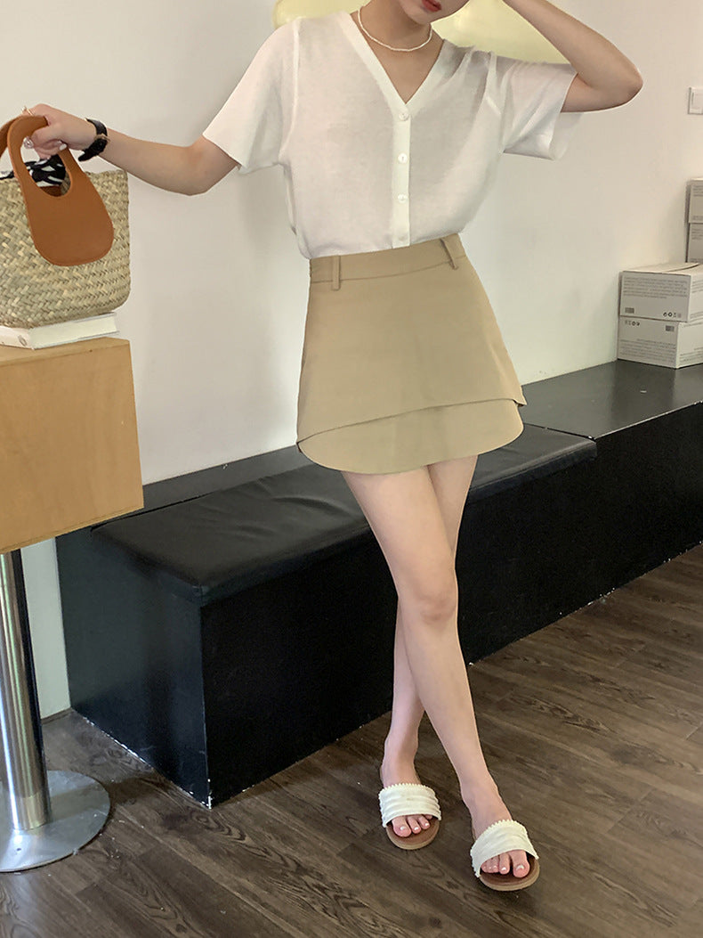 [Korean Style] Khaki High Waist Layered A-Line Short Skirt