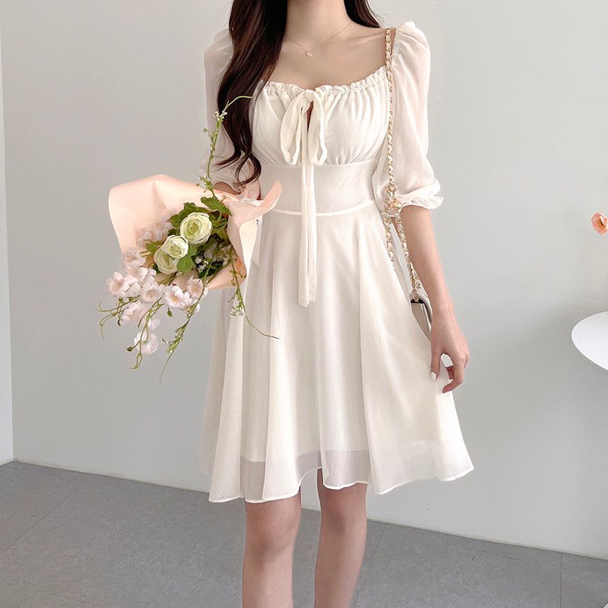 [Korean Style] Off-white Blue Flowy Chiffon Short Dress