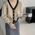 [Korean Style] V-neck Stiches Contrast Color Pipped Cardigan