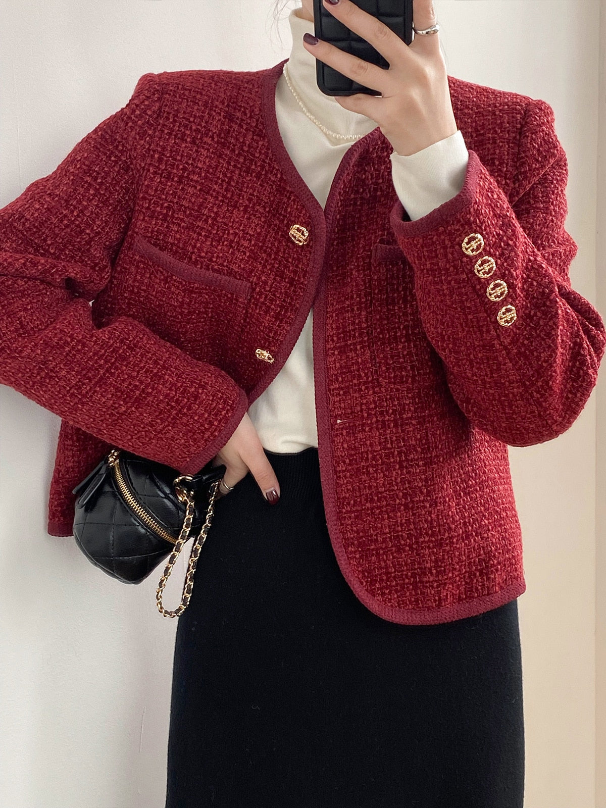 [Korean Style] Cotton Quilted Collarless Cropped Tweed Jacket