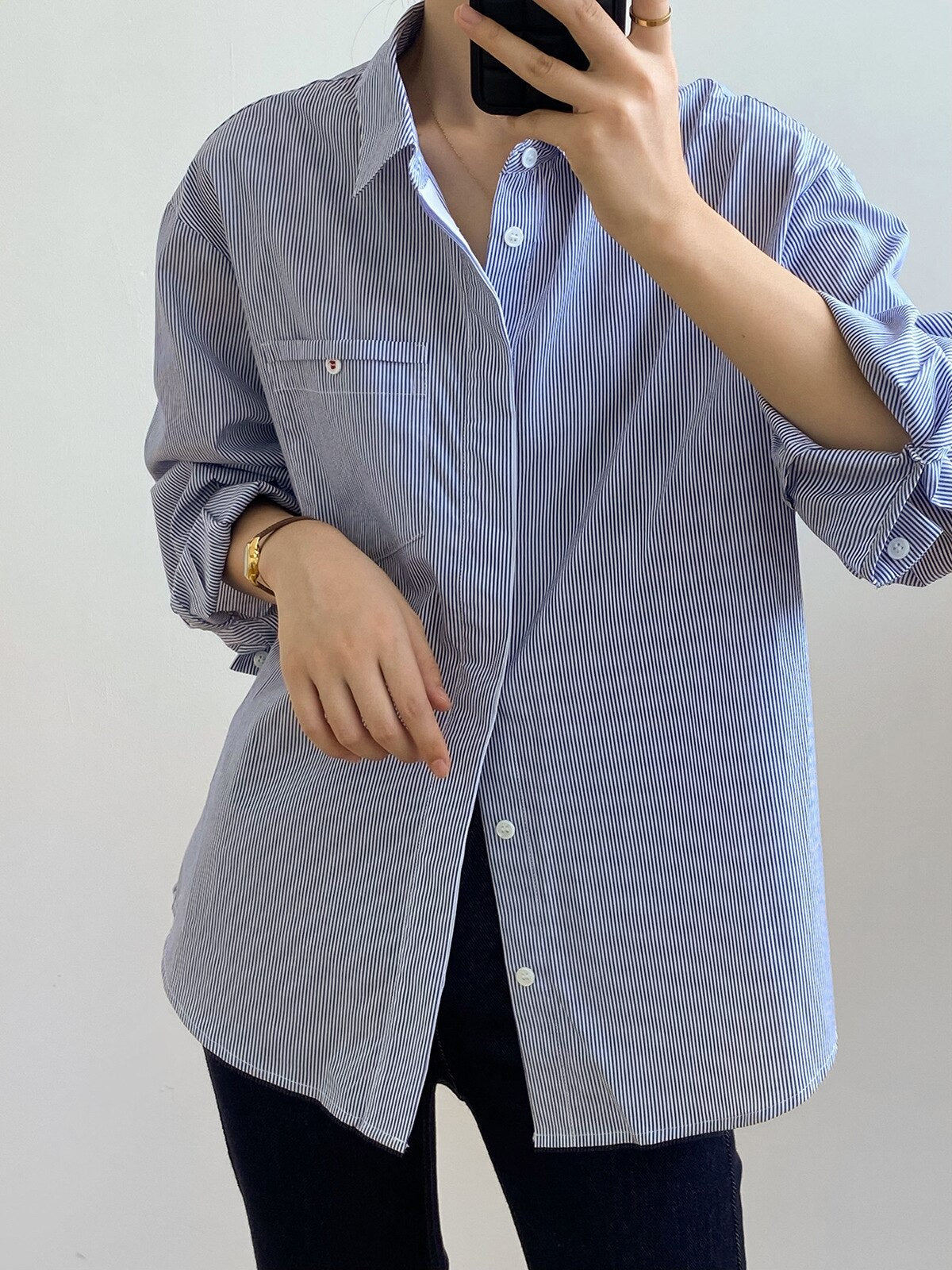 [Korean Style] Versatile Loose Fit Blue Striped Shirt