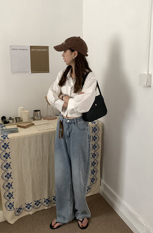 [Korean Style] Solid Color Puffer Sleeve Cropped Shirts