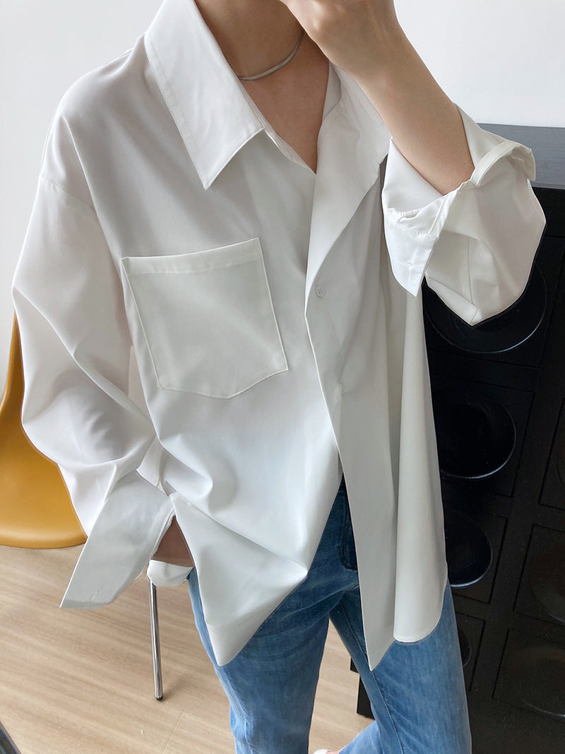 [Korean Style] 2 Color Back Button Loose Fit Button-down Blouse