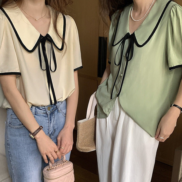 [Korean Style] Chelsea Collar Contrast Pipped Short Sleeve Blouse