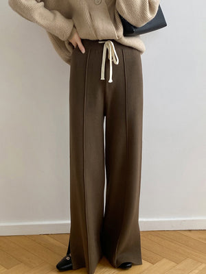 [Korean Style] 4 Color Drawstring Side Slit Full length Wide Leg Knit Pants