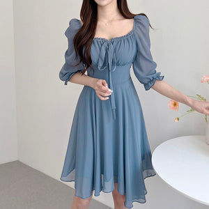 [Korean Style] Off-white Blue Flowy Chiffon Short Dress