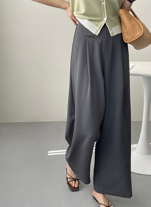 [Korean Style] 2 Color High Waist Wide Leg Pleated Trousers