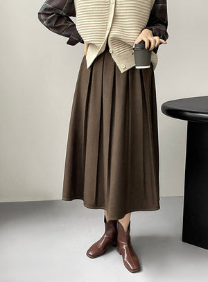 [Korean Style] Solid Color Cinched Waist A-Line Pleated Long Skirt