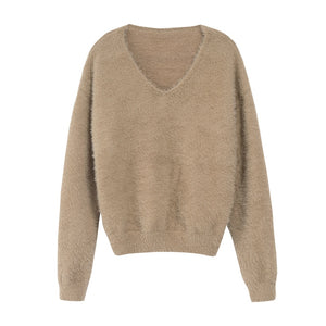 [Korean Style] Solid Color V-Neck Loose Fit Fluffy Pullover Sweater