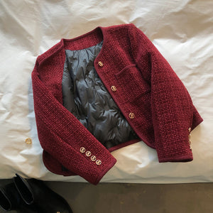 [Korean Style] Cotton Quilted Collarless Cropped Tweed Jacket