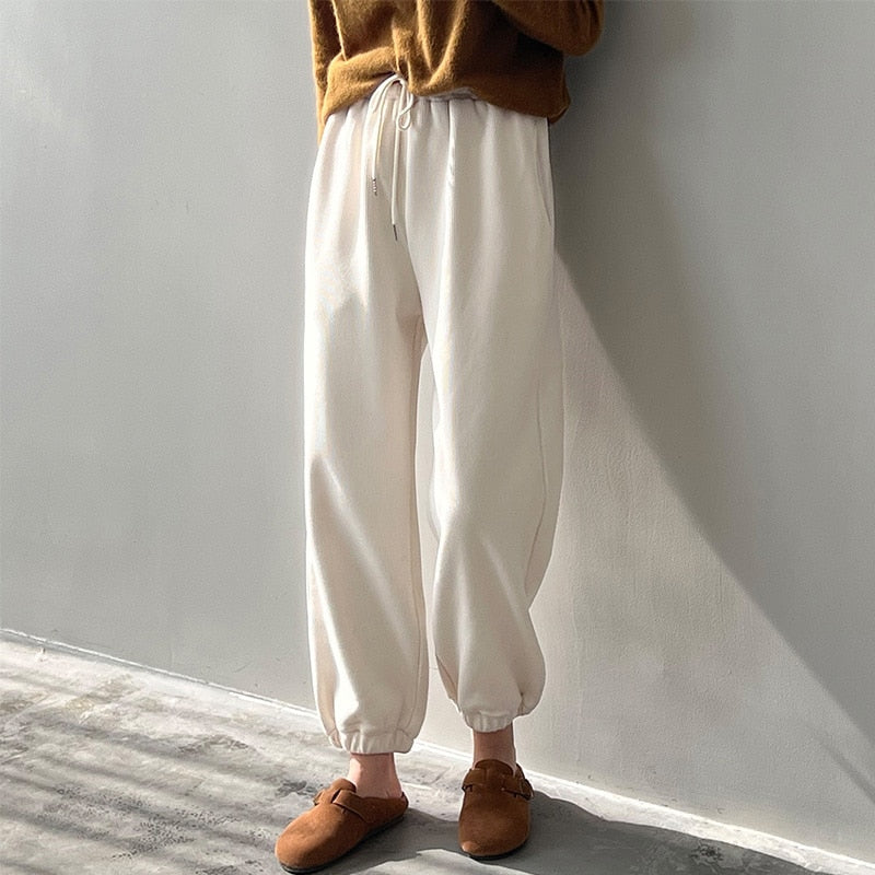 [Korean Style] 2 Color High Waist Drawstring Fleeced Sweatpants