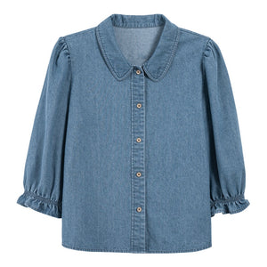 [Korean Style] Chic Rounded Collar Puff Sleeve Denim Shirts