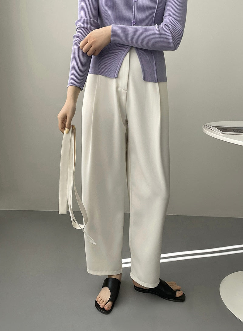 [Korean Style] Minimalistic Solid Color Pleated Belted Trouser