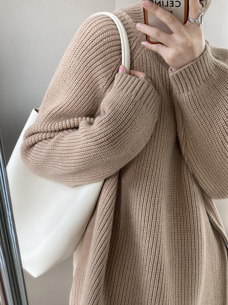 [Korean Style] Solid Color Zipper Turtleneck Chunky Sweater