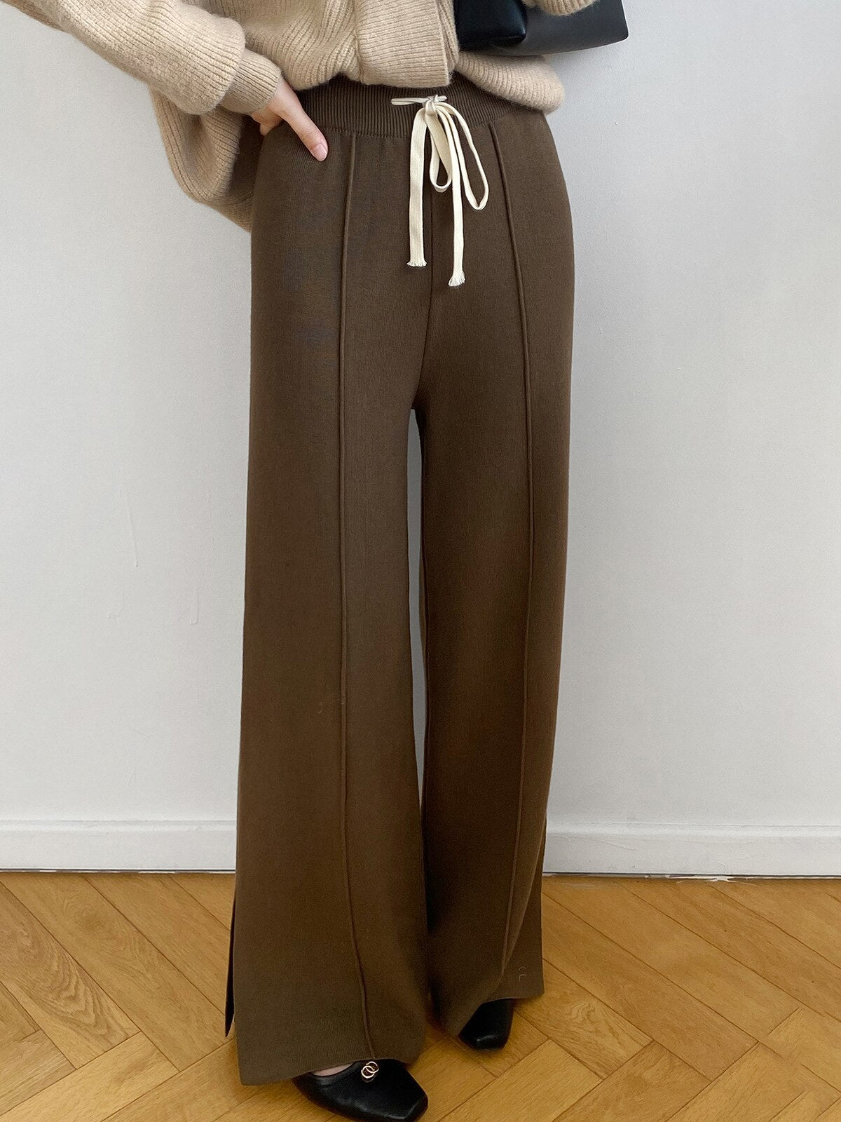 [Korean Style] 4 Color Drawstring Side Slit Full length Wide Leg Knit Pants