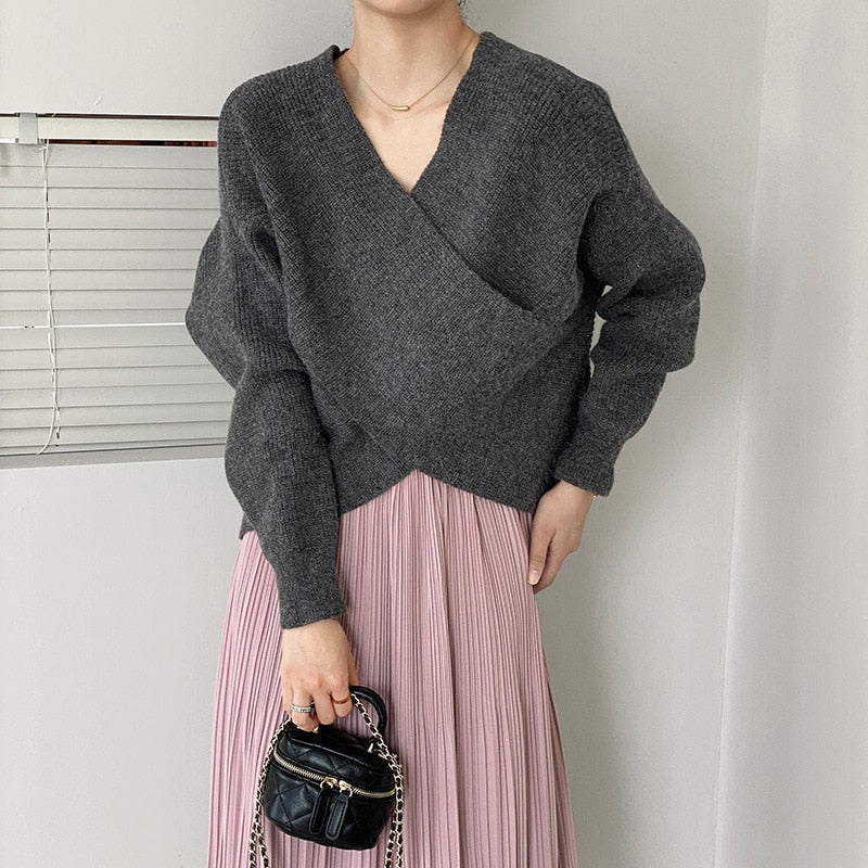 [Korean Style] V Neck Crisscross Sweater Knit Top