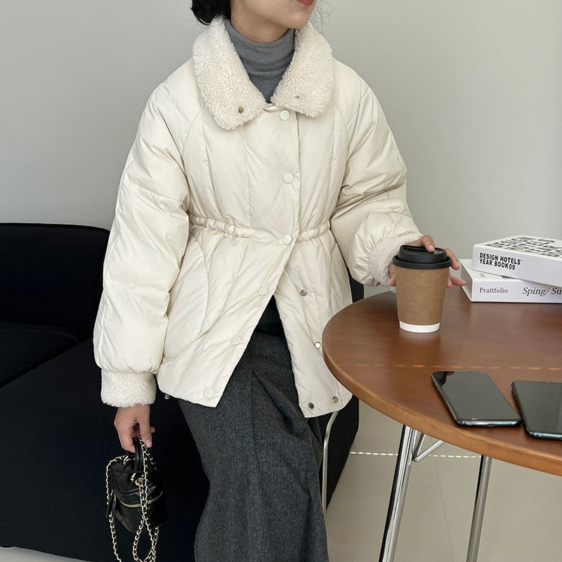 [Korean Style] Faux Shearling Collar Drawstring Cinched Waist Quilted Jacket