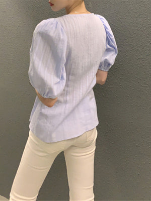 [Korean Style] Square Neck Puff Sleeve Short Sleeve Blouse