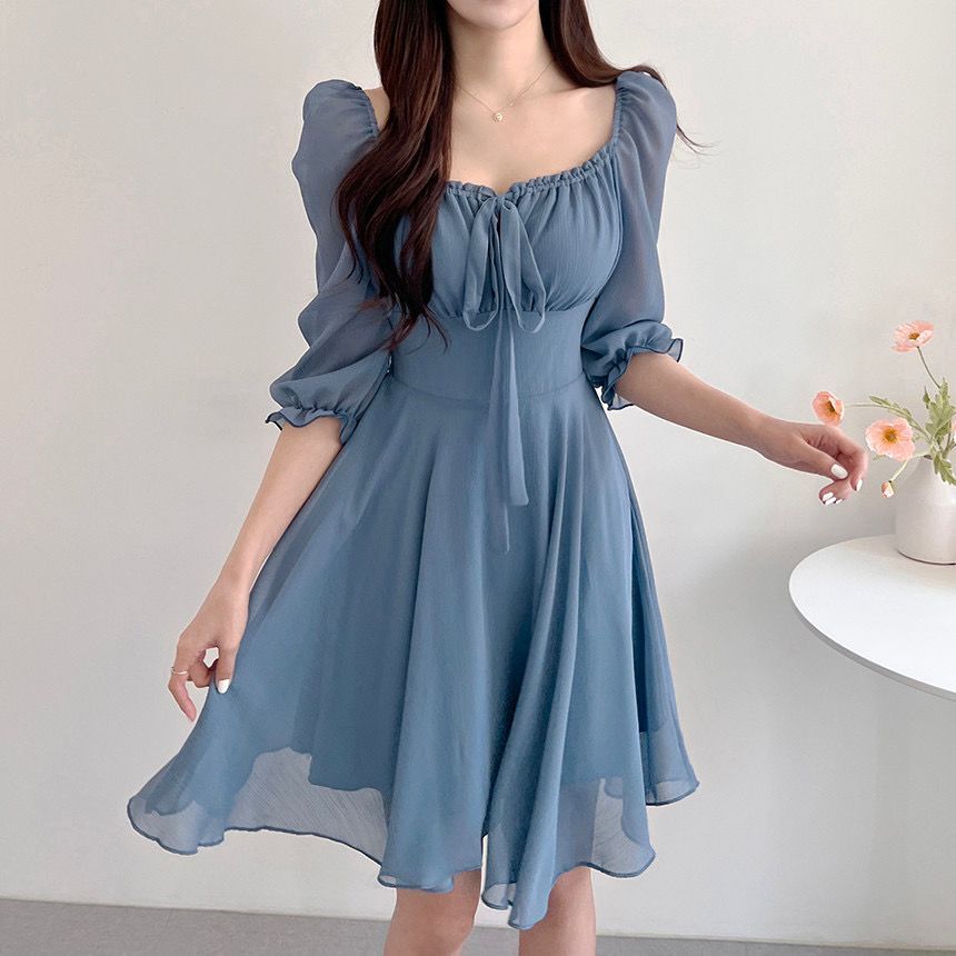 Korean Style] Off-white Blue Flowy Chiffon Short Dress – Ordicle