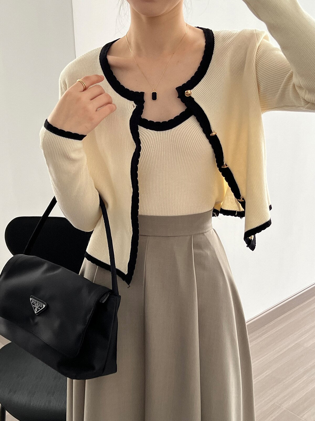 [Korean Style] Contrast Color Cami Cardigan Co-ord 2 pc Set