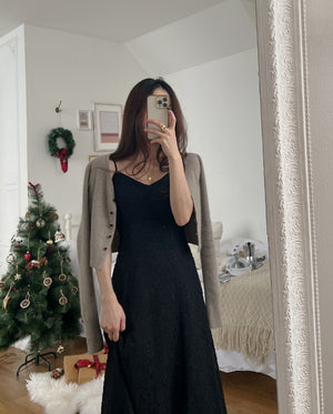[Korean Style] Black Beige Lacey Spaghetti Strap One Piece Dress