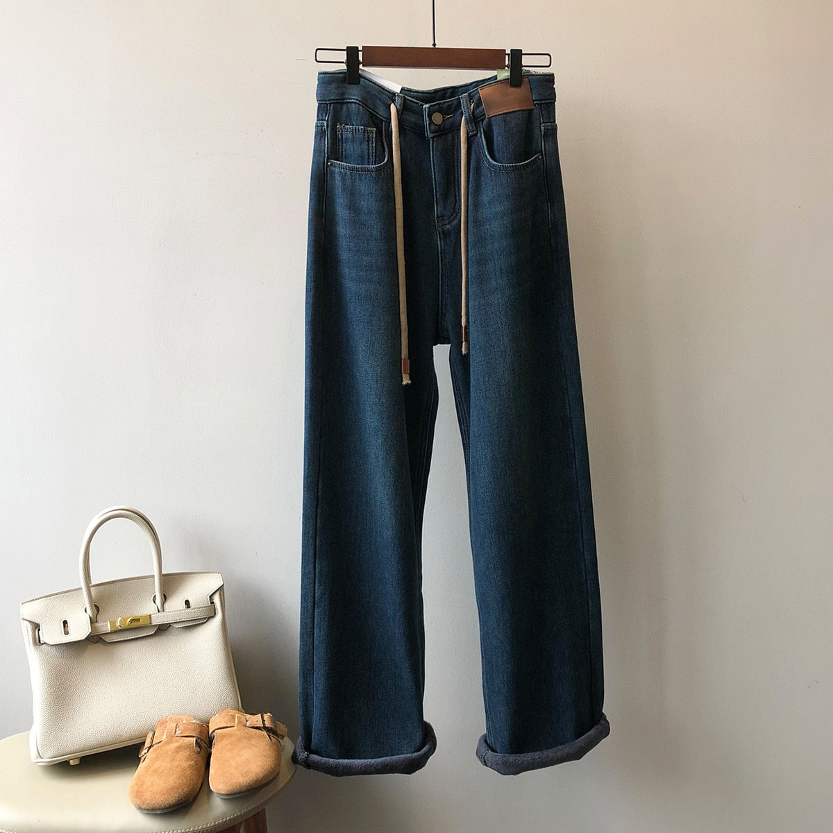 [Korean Style] Fleeced High Waist Drawstring Versatile Wide Leg Jeans